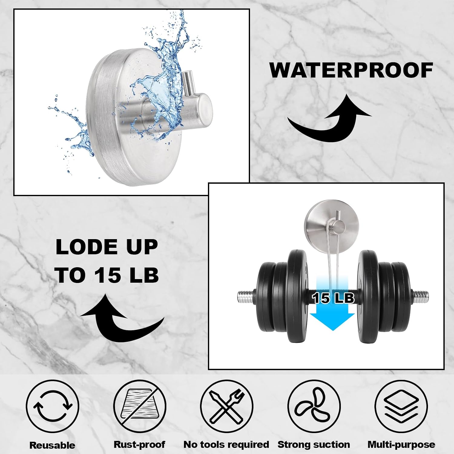 Detalle de Dntorx Suction Cup Hooks (4 Pack) in Silver Stainless Steel for Bathroom & Shower Towel Hanging