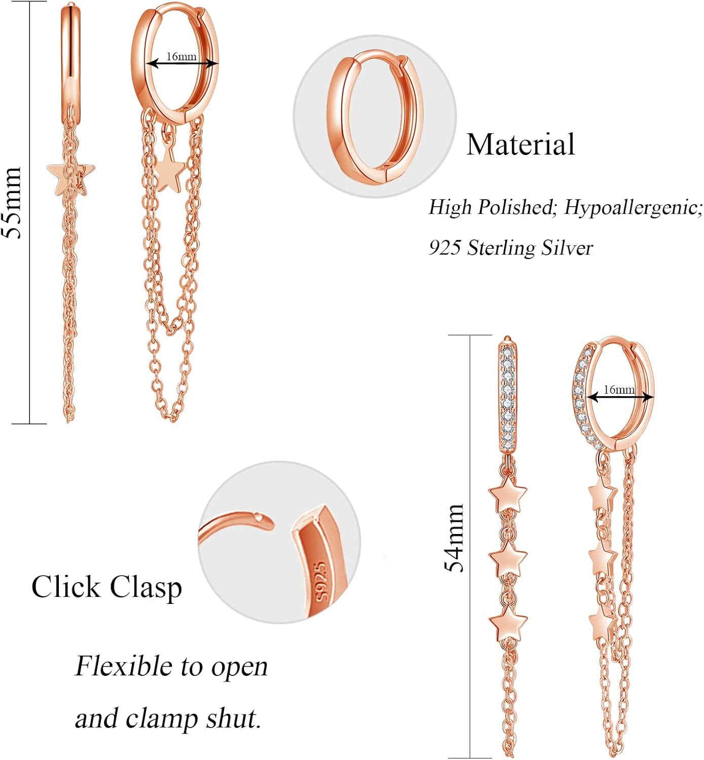 Thumbnail 1 de Josfeva Silber Creolen Ohrringe Hängend aus 925 Sterling Silber mit Zirkonia, Quasten & Stern-Anhänger