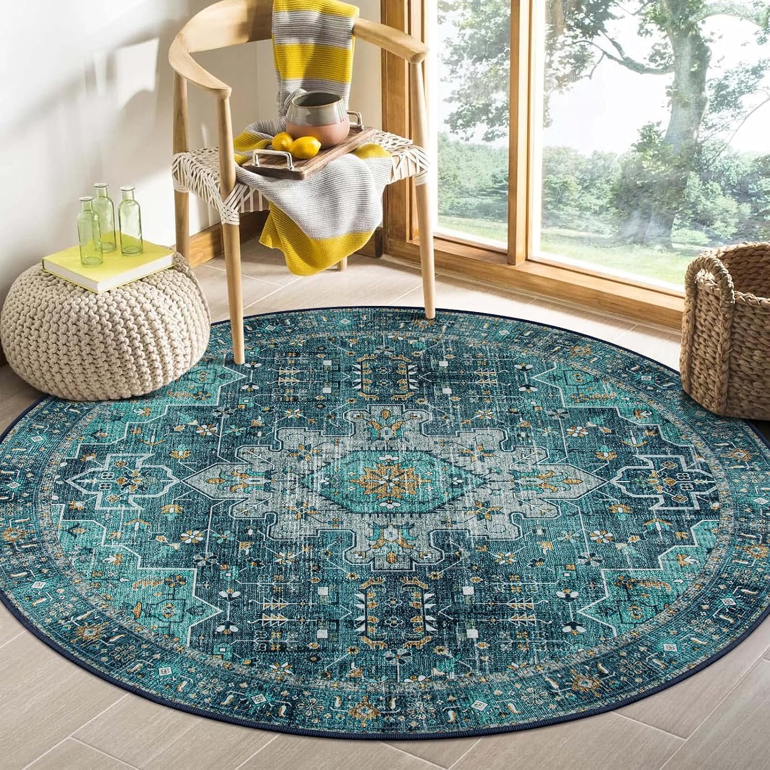 Detalle de Moynesa Ultra-Thin 4 ft Round Area Rug, Teal Oriental Floral, Washable Low-Pile