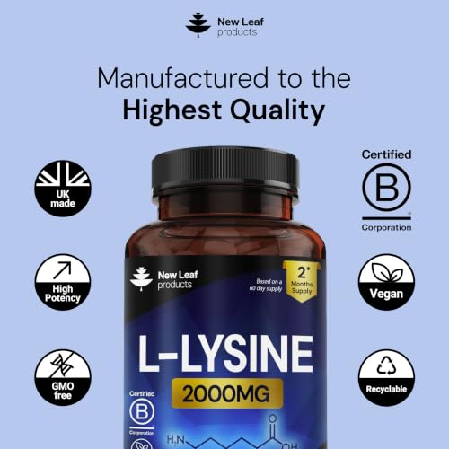Detalle de New Leaf L-Lysine Tablets 2000mg – 2 Month Supply, 120 Vegan Tablets, Made in the UK