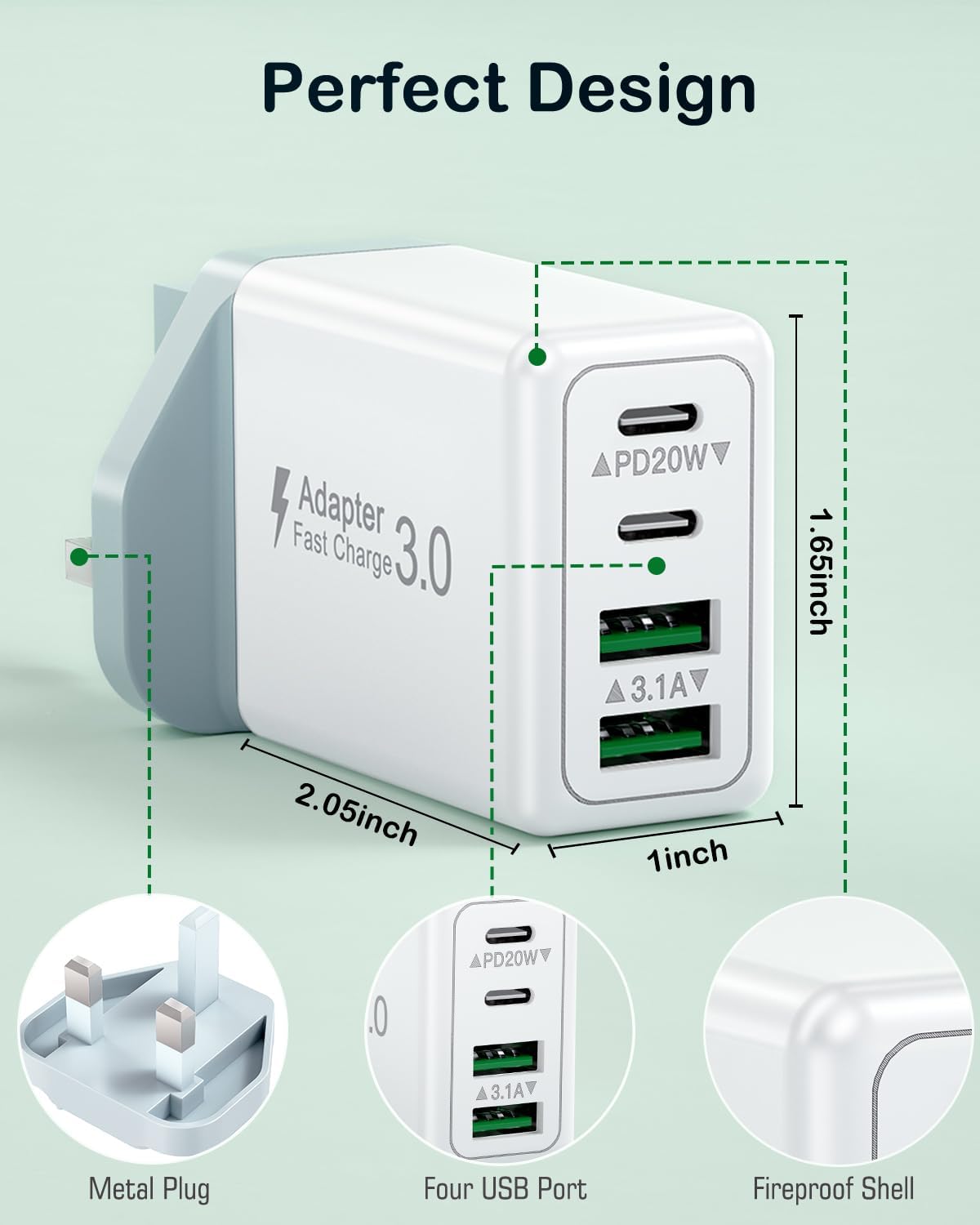 Thumbnail 2 de 2-Pack USB C Plug Fast Charge 40W 4-Port USB C Charger Plug UK