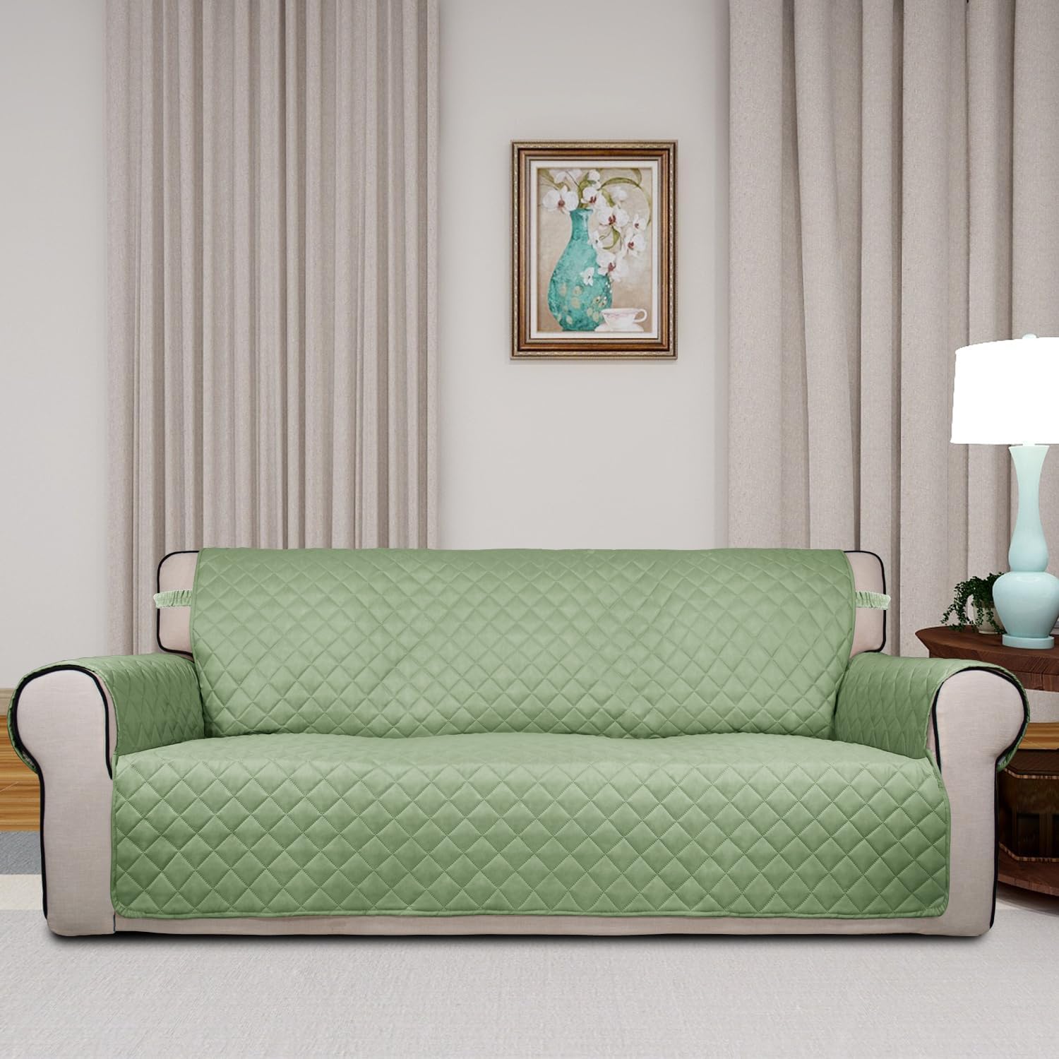 Thumbnail 1 de PureFit Reversible Quilted Sofa Cover: Water-Resistant, Non-Slip Slipcover for Pets and Kids (Sage Green/Ivory)