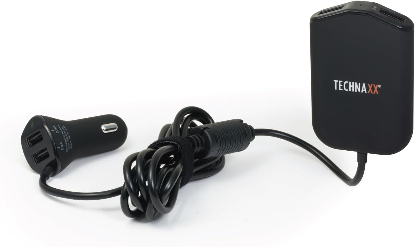 Detalle de Technaxx Family Car Charger 4x USB (TE14) – 4 Anschlüsse, 2,4 A pro Port, inkl. Clip-Kabel