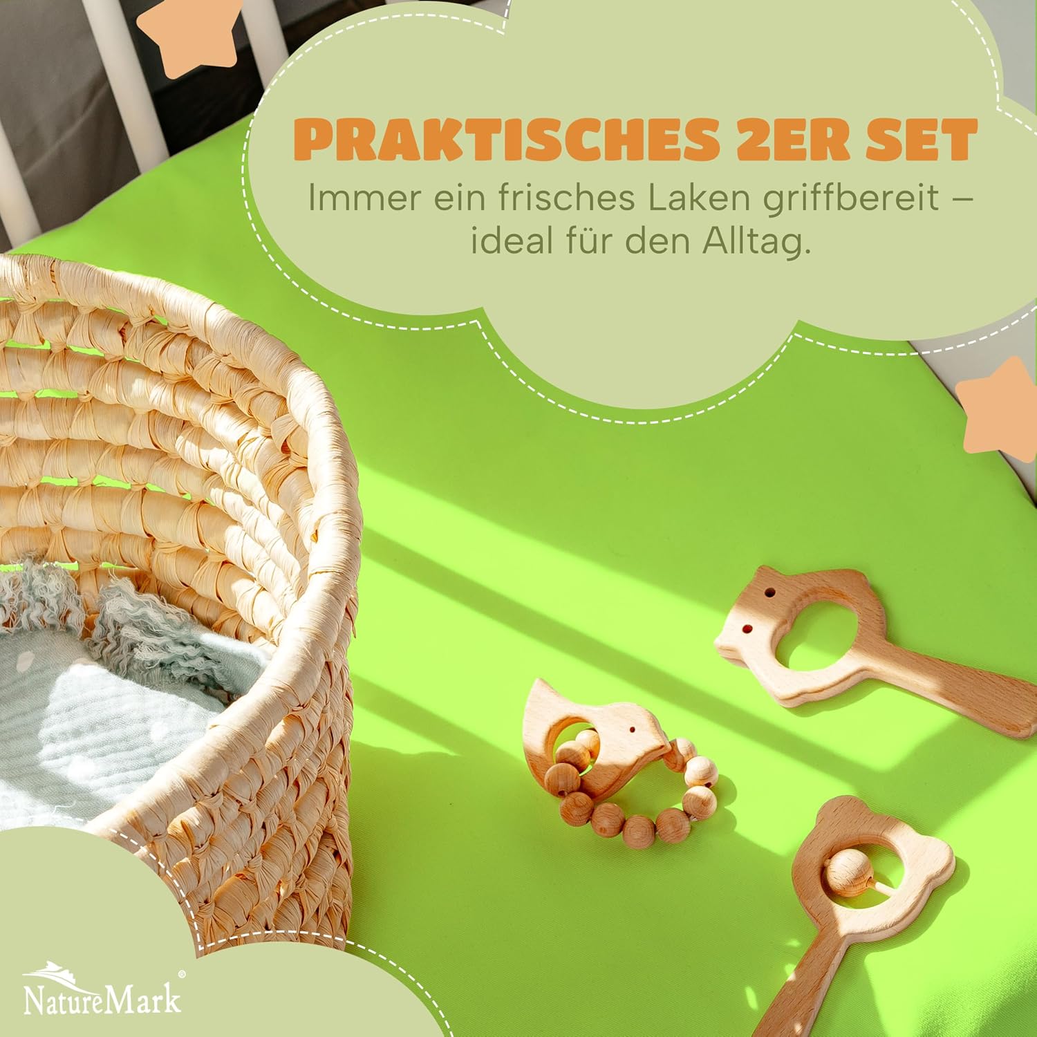 Detalle 2 de NatureMark Spannbettlaken 70x140 cm – Weiches Jersey aus 100% Baumwolle, 2er Set, Apfel Grün