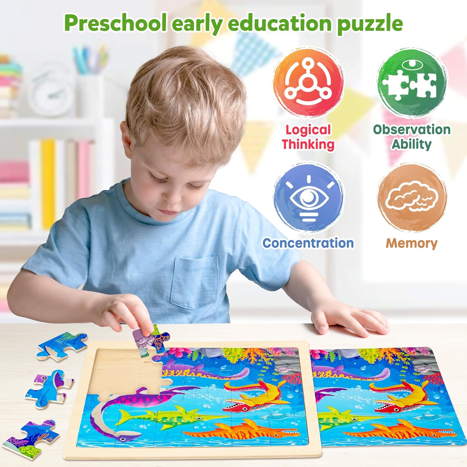 Detalle de SYNARRY Large Wooden Dinosaur Puzzles for Toddlers and Kids 3-6