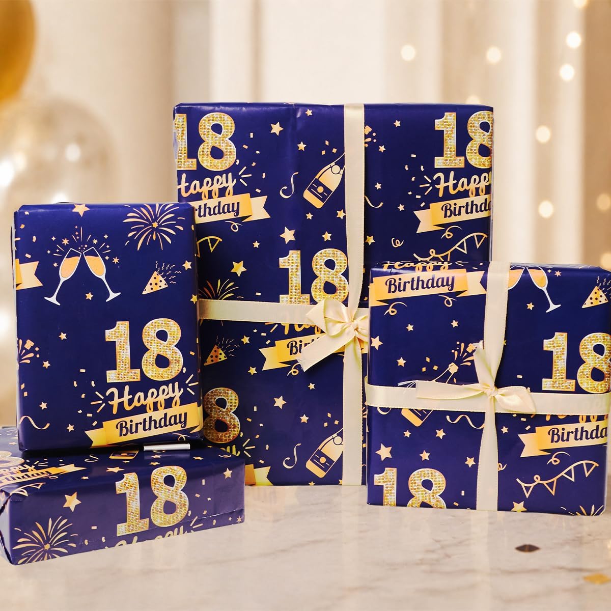 Detalle de 18th Birthday Wrapping Paper Set with Tags, Ribbons and 6 Sheets – Blue & Gold