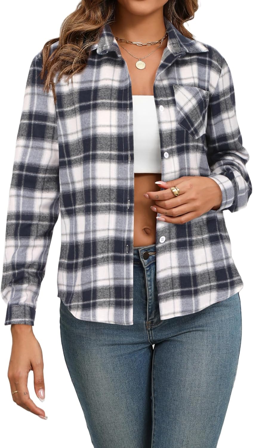 Detalle de Zeagoo Chemise Femme à Carreaux à Manches Longues – Chemisier chic à col en V