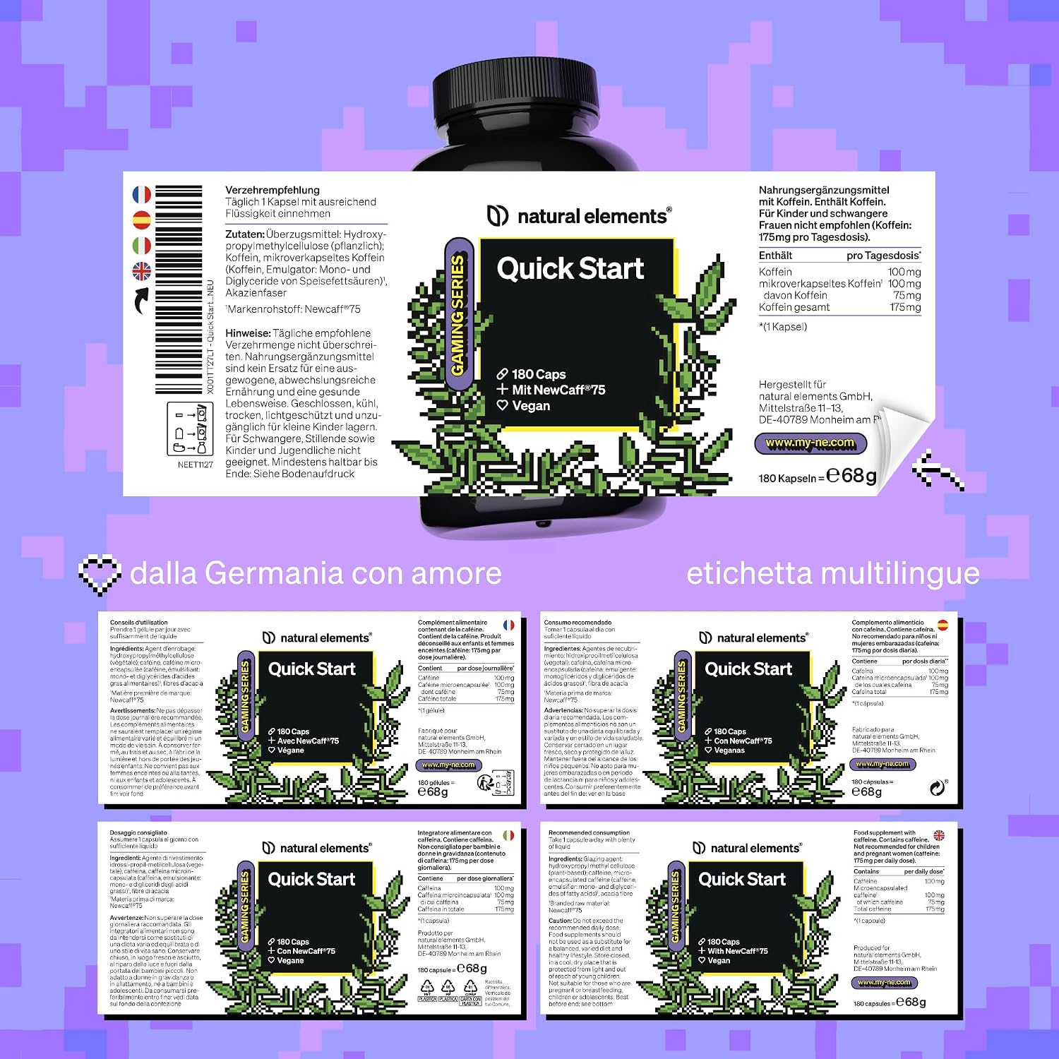 Detalle de natural elements Quick Start – 180 capsule (scorta 6 mesi) con caffeina NewCaff®75, vegane, ad alto dosaggio