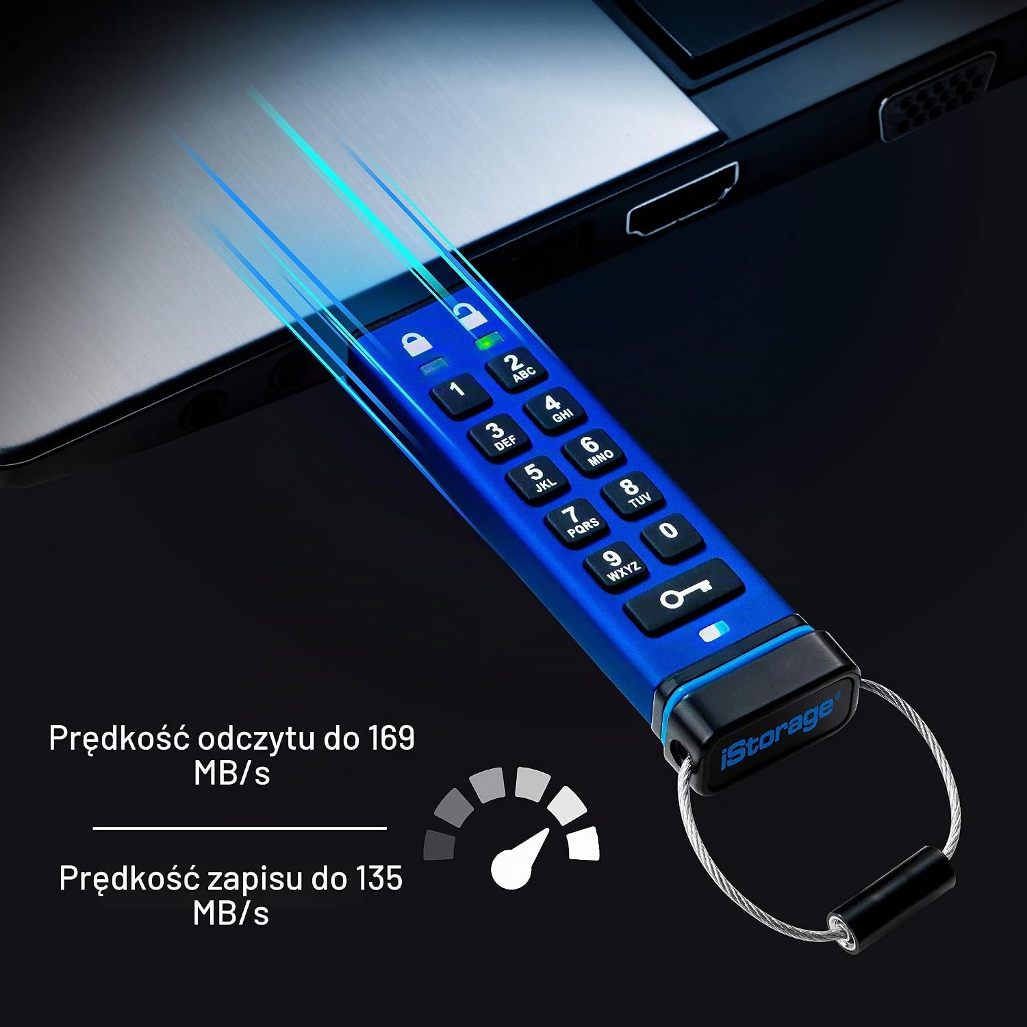 Detalle de iStorage datAshur PRO 64 GB – szyfrowana pamięć USB z PIN-em, AES-XTS 256-bit i IP57