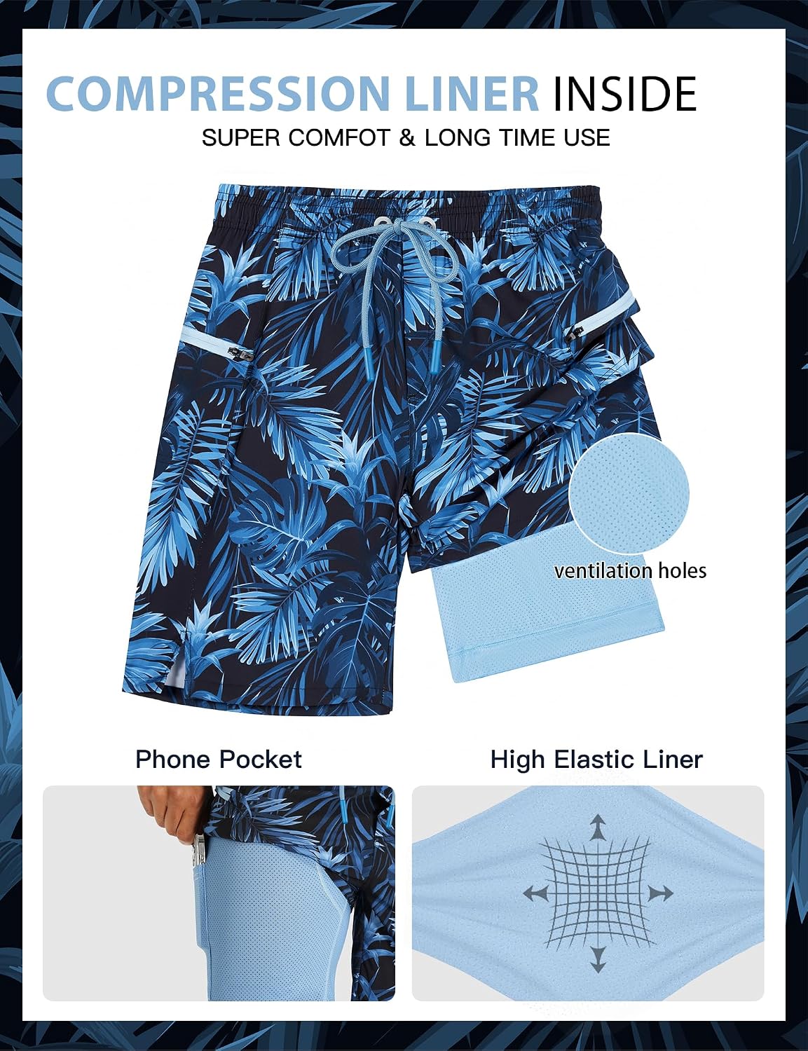 Detalle de APTRO Men's 9" Swim Trunks with Compression Liner, Zip Pocket and Quick-Dry Fabric