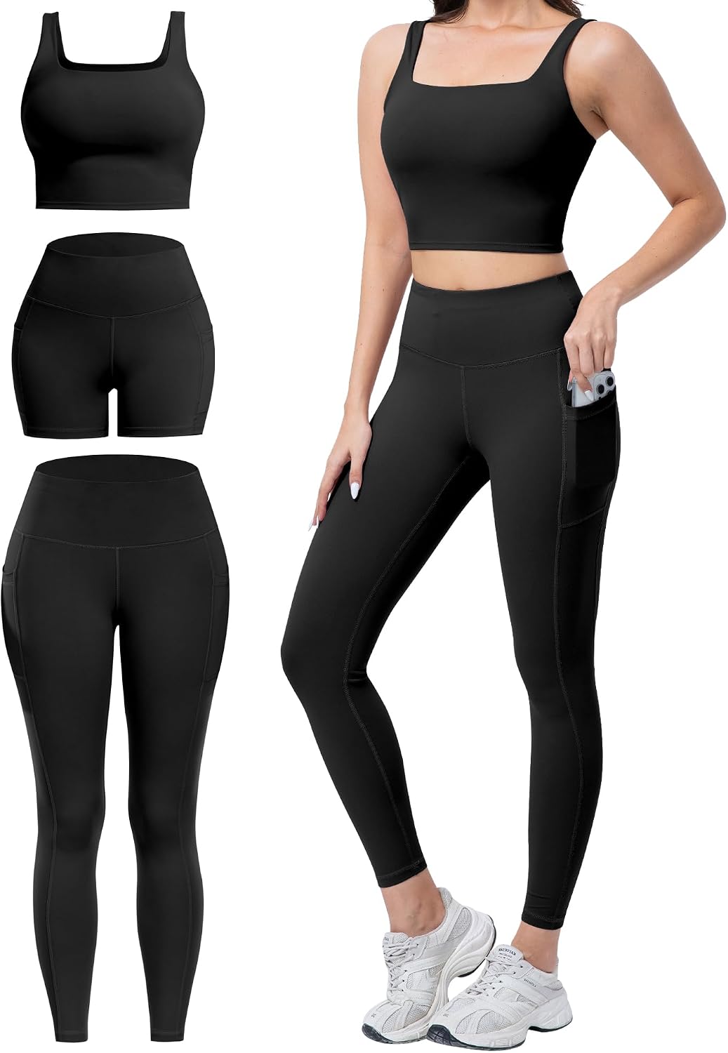 SALSPOR 3-Piece Workout Set for Women: High-Waisted Leggings with Pockets, Tummy Control Shorts, and Backless Sports Bra