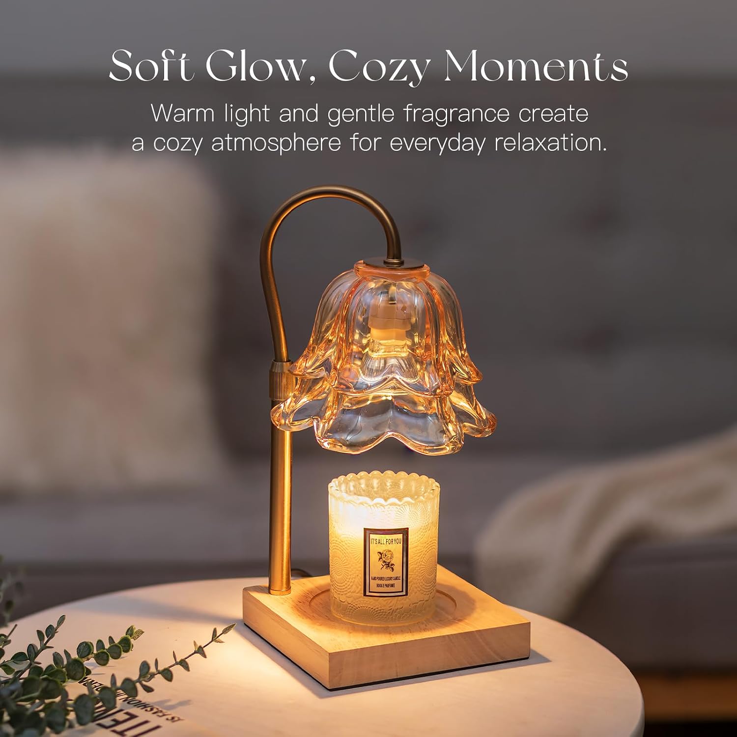 Detalle de Candeldo Candle Warmer Lamp with Timer, Gold Flower Glass Shade, Dimmable