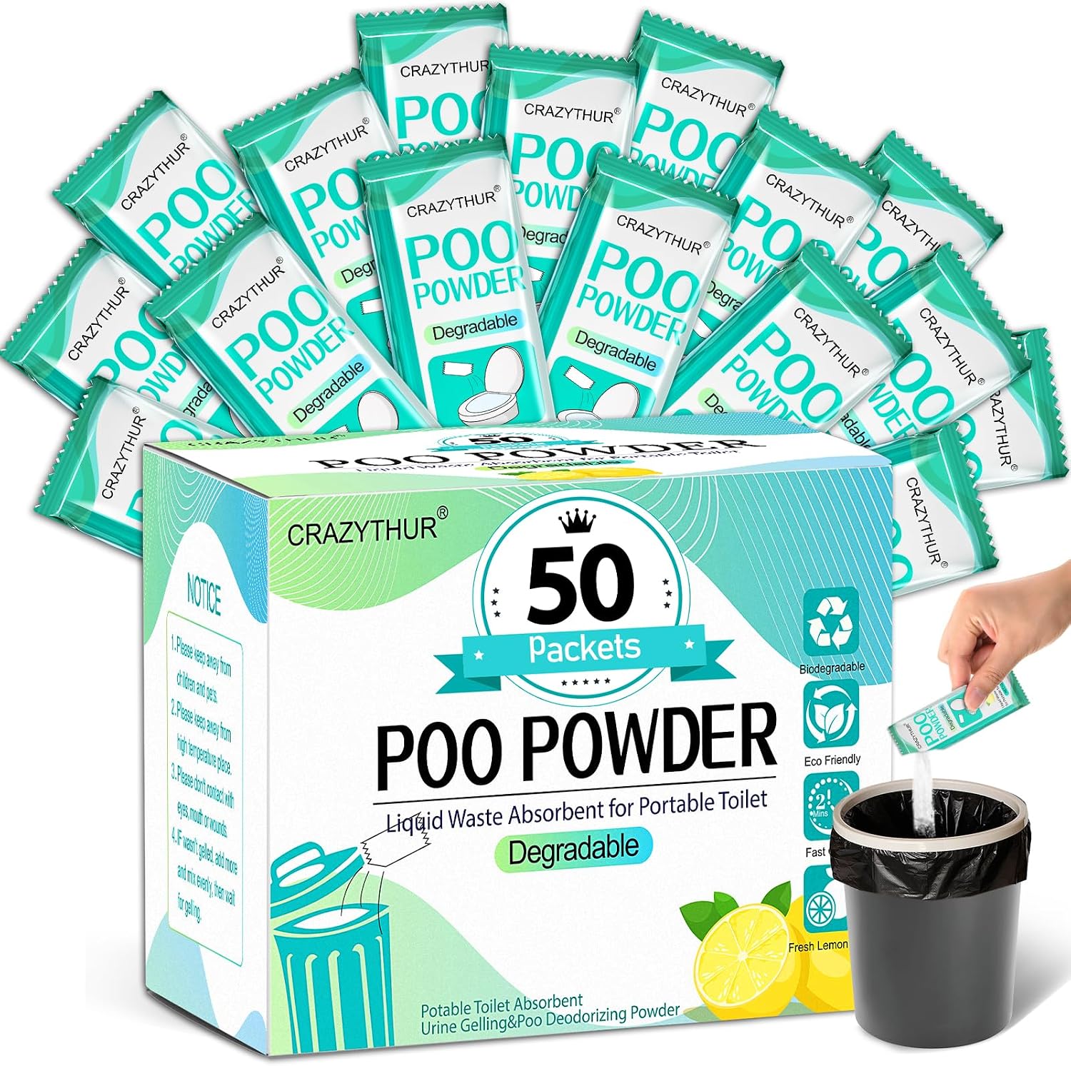 CRAZYTHUR Portable Toilet Gel (Poo Powder) for Camping & Outdoor Use, 50 Pack, Lemon Scent