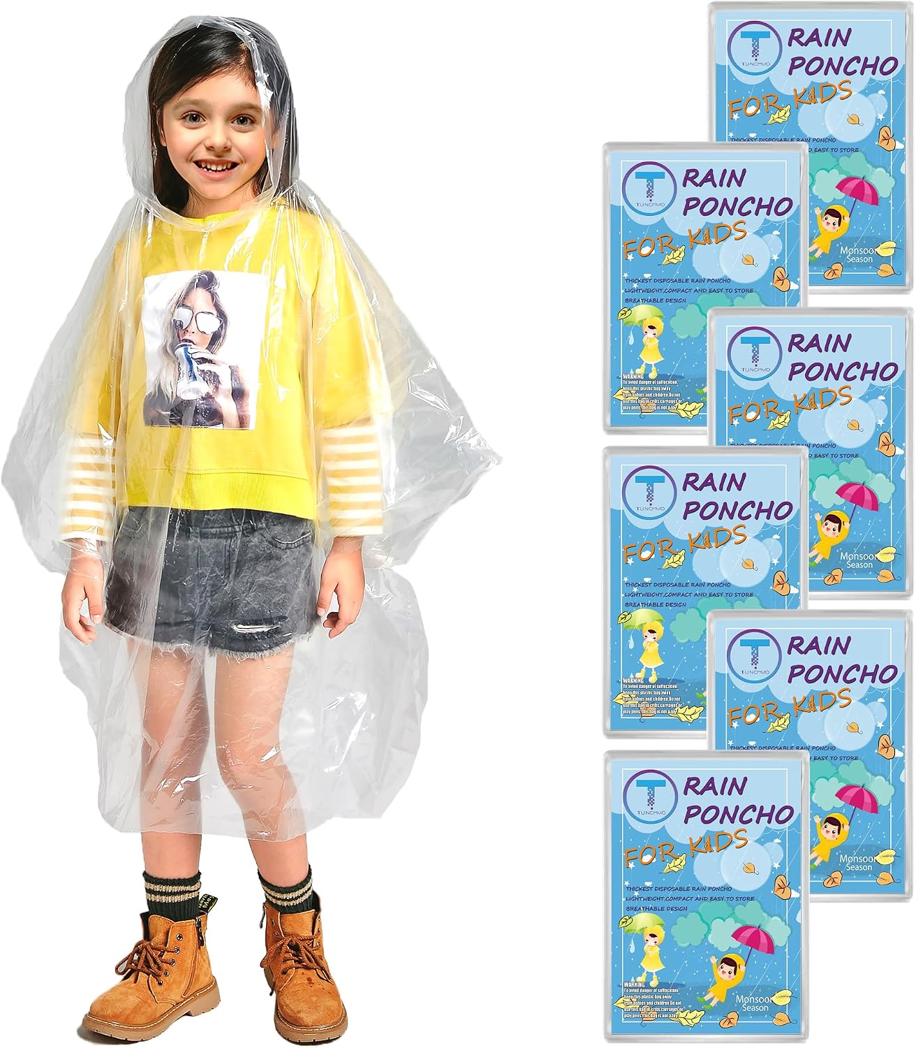 Thumbnail 6 de TUNCHMO 6 Stück Durchsichtige Regenponchos mit Kapuze – Notfall‑Regenschutz, 0,035 mm PE, transparent