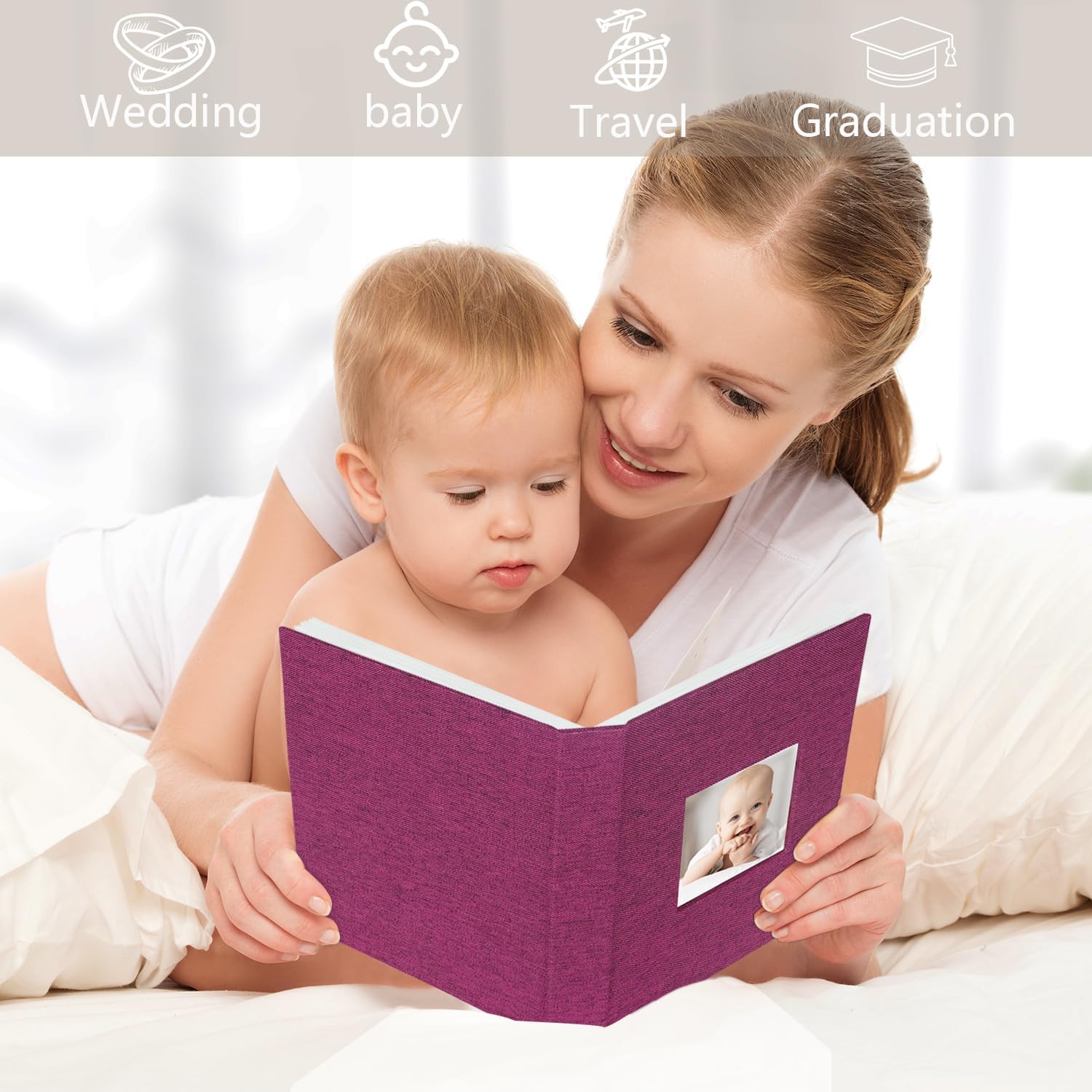 Detalle de Miaikoe Small Photo Album 6x4 (2 Packs) 50 Pockets Each – Top Loading Linen Slip-In, 10x15cm Photos, Purple