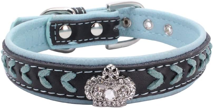 Thumbnail 1 de haoyueer Braided Soft Padded Genuine Leather Dog Collar with Rhinestone Crown (Size L, Blue)
