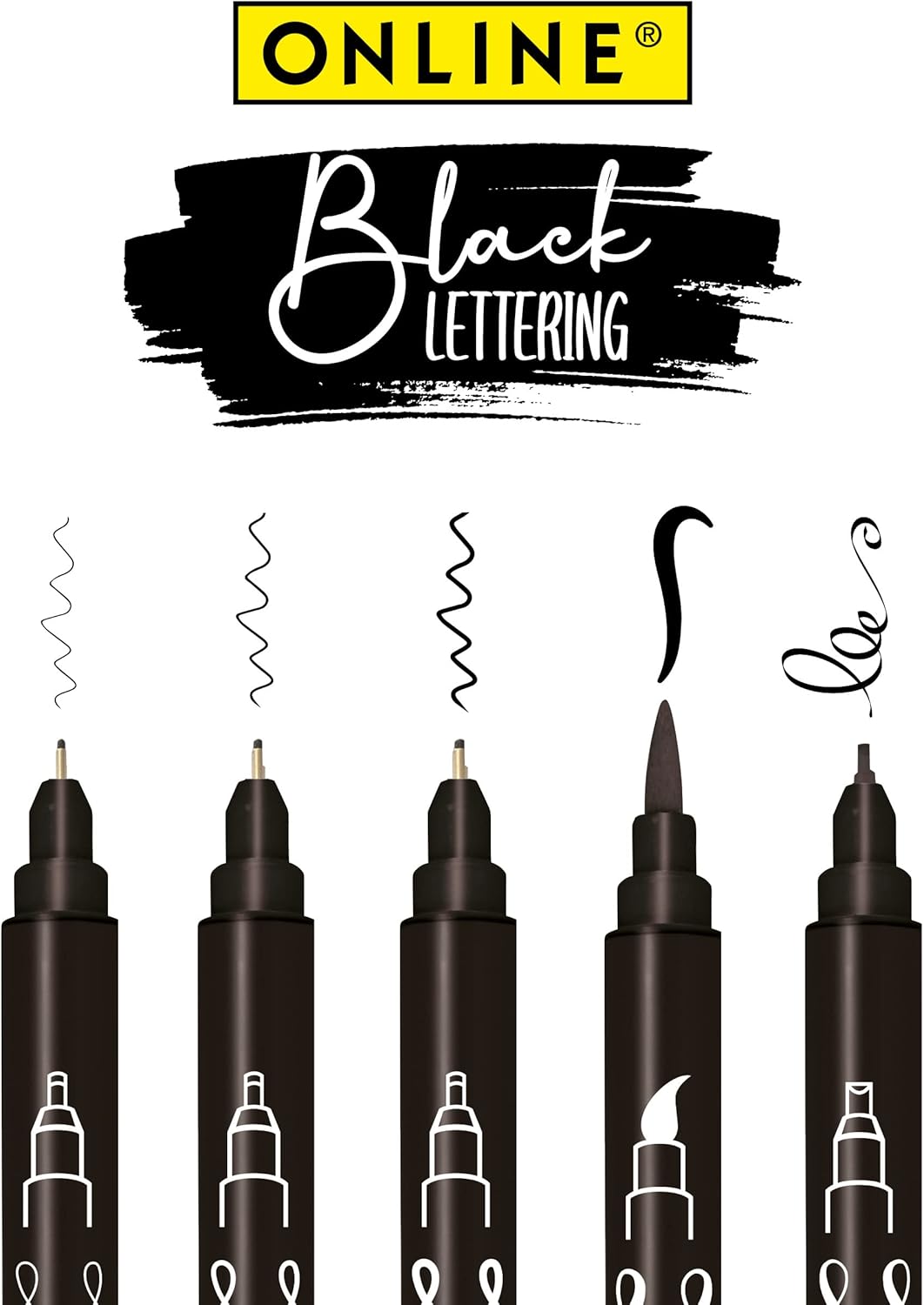 Detalle de Online 5x Fineliner Schwarz wasserbeständig Set mit Brush Pen, Fineliner- und Kalligrafie-Spitzen