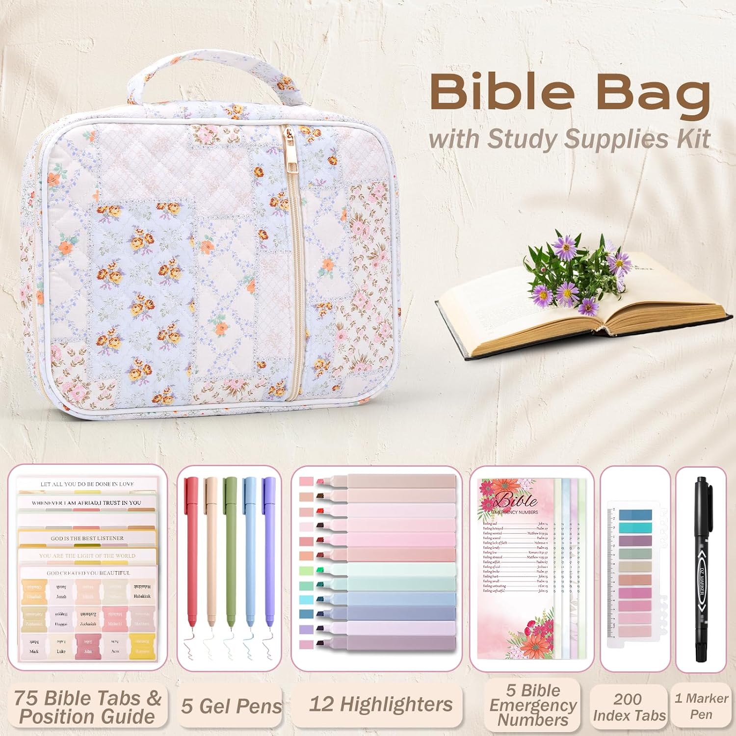 Thumbnail 2 de XKDOUS Quilted Cotton Bible Cover Case, Floral Patchwork with Handle and Pockets