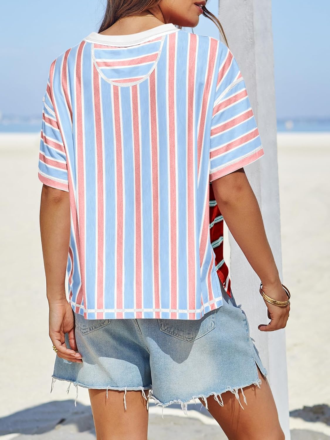 Detalle de Tankaneo Women's Summer Striped Color Block Tees: Loose Fit Crew Neck Short Sleeve Top