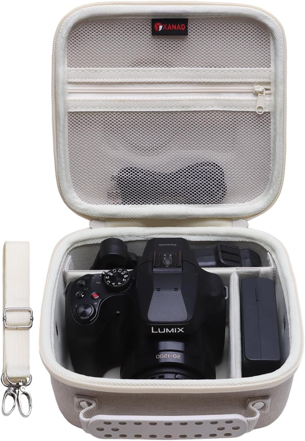 Detalle de XANAD Harte Kameratasche Khaki für Canon EOS R50/R6 II/R8 II/R100/R10/R5/R50 V – robuste, modulare Traglösung
