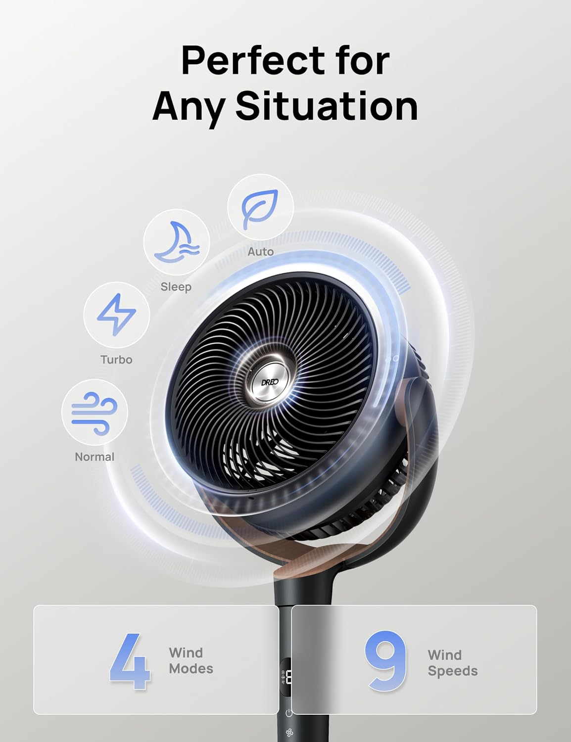 Detalle 2 de Dreo Fan for Bedroom 120° Oscillating Standing Fan with DC Motor, 9 Speeds, 9H Timer (Quiet Pedestal Fan)