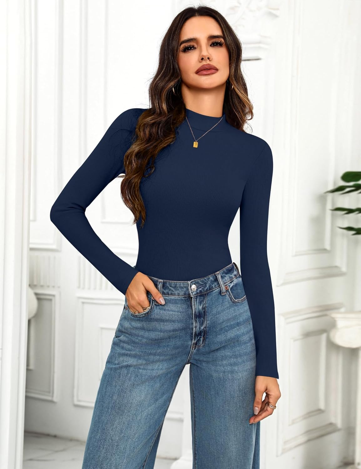 Thumbnail 1 de Aottori Haut Thermique Femme à col roulé manches longues, t-shirt thermique en maille côtelée