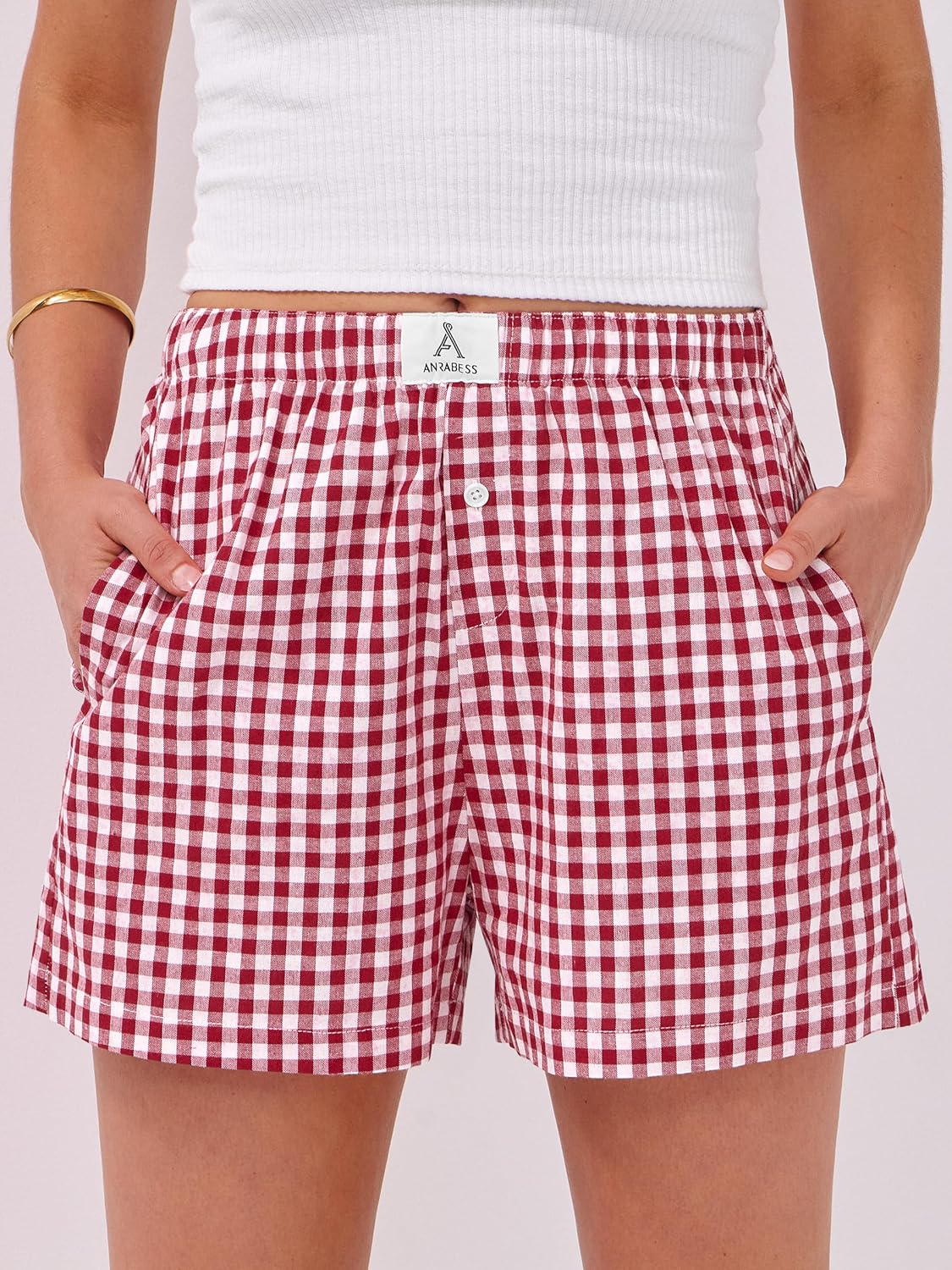 Thumbnail 1 de ANRABESS Women's Gingham Boxer Shorts Pajama Wear — Lightweight Rayon, Elastic Waist, 2026 Summer