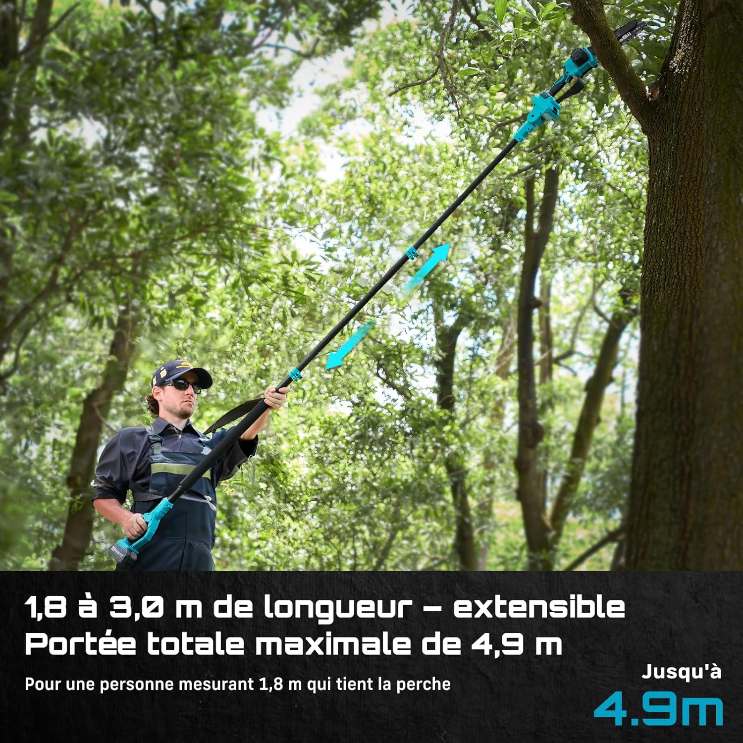 Detalle de SEESII PS810: Tronçonneuse et élagueuse sur perche 2-en-1, 8 pouces, 2 x 4000 mAh, portée 4,87 m