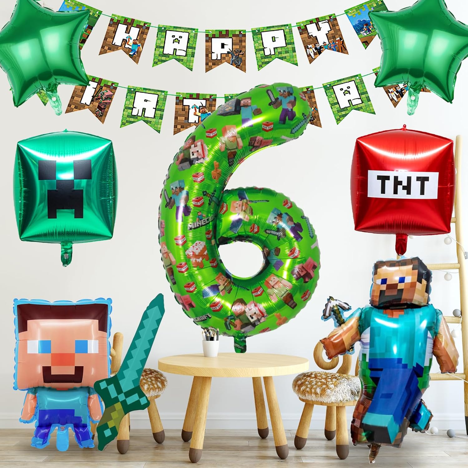 Thumbnail 3 de Birthday Balloons 40inch Foil Number 6 Set with Cartoon Banner & Character Balloons