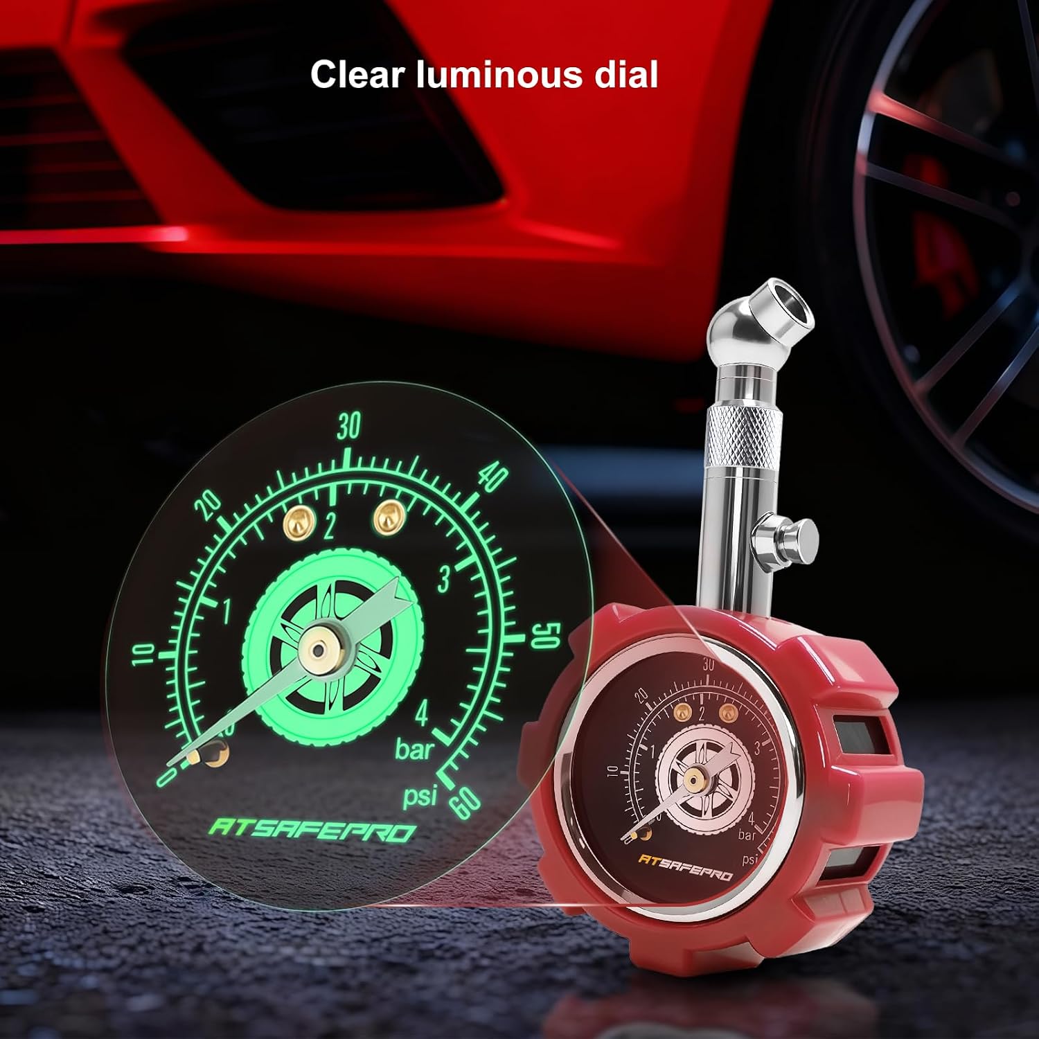 Thumbnail 2 de ATsafepro Red Tyre Pressure Gauge UK – 4 Bar / 60 PSI Mechanical with Glow Dial