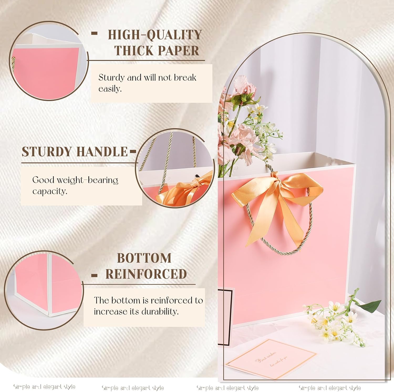 Detalle de Modixun Gift Bags 3-Piece Set: 32cm Large Gift Bags with Ribbon, Greeting Cards and Tissue Paper (Pink-White)