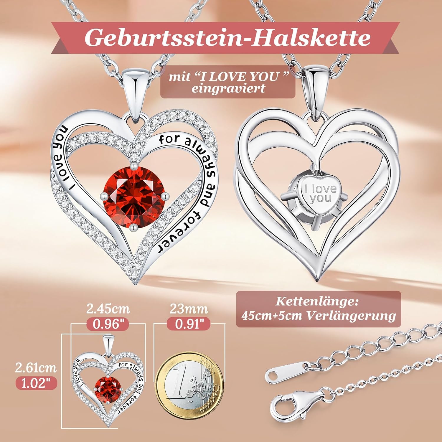 Thumbnail 4 de CDE Damen Herz-Anhänger-Halskette mit 12 Geburtssteinfarben (925 Silber oder Messing)