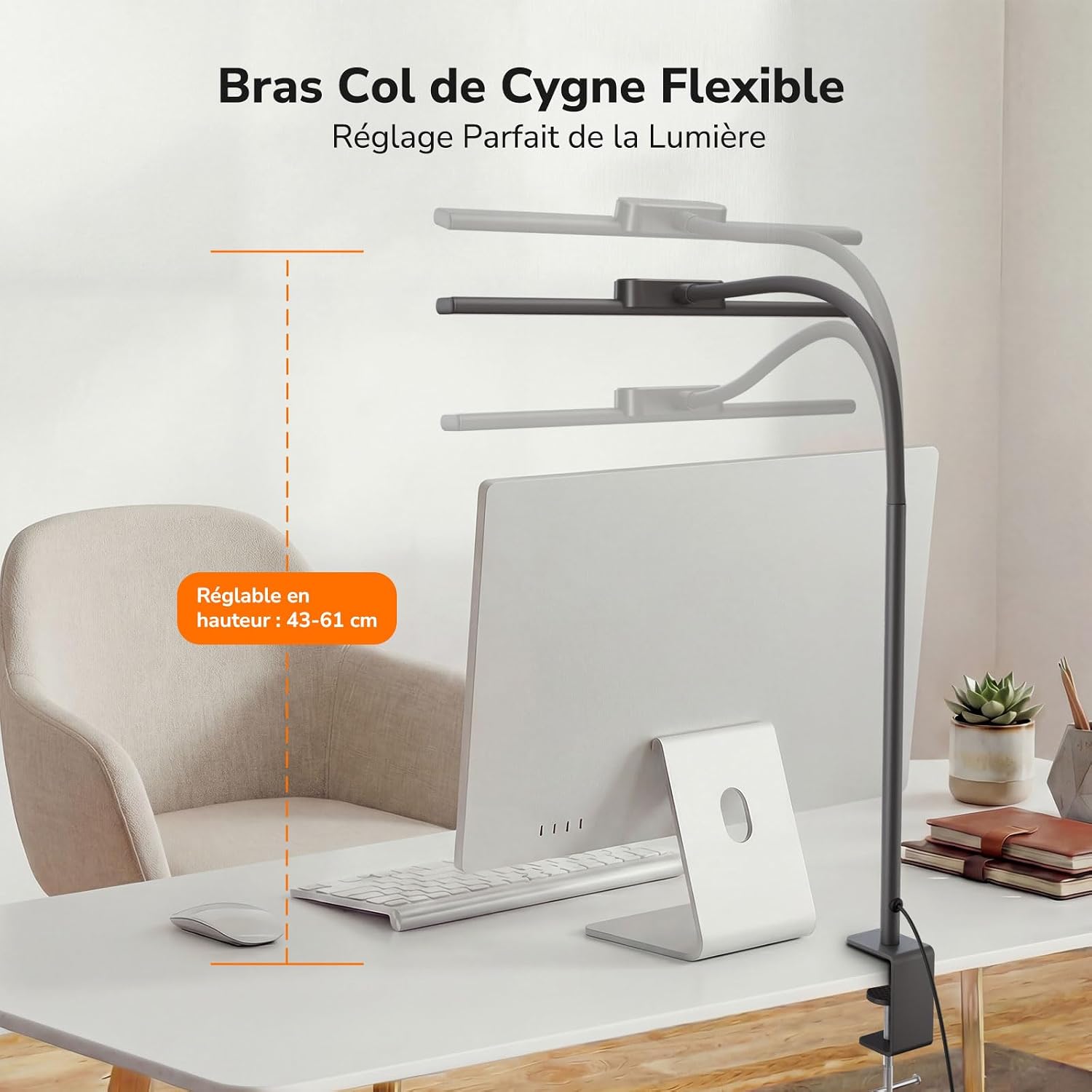 Detalle de Lampe de bureau Lepro 11W à pince flexible, 5 modes couleur et 5 niveaux de luminosité (gris)