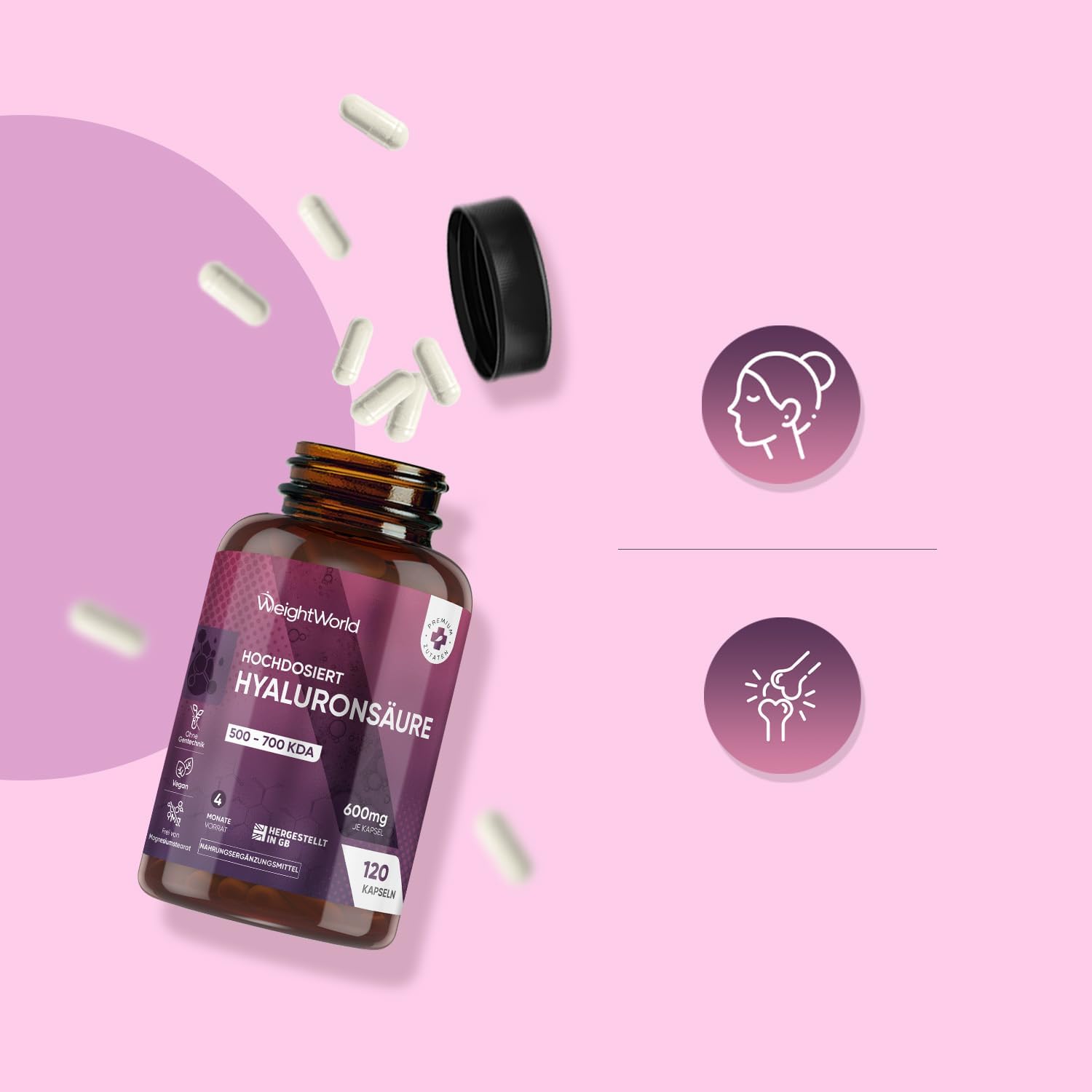 Thumbnail 6 de WeightWorld Hyaluron Kapseln (600 mg) – 120 vegane Kapseln mit Hyaluronsäure, 4 Monate Vorrat
