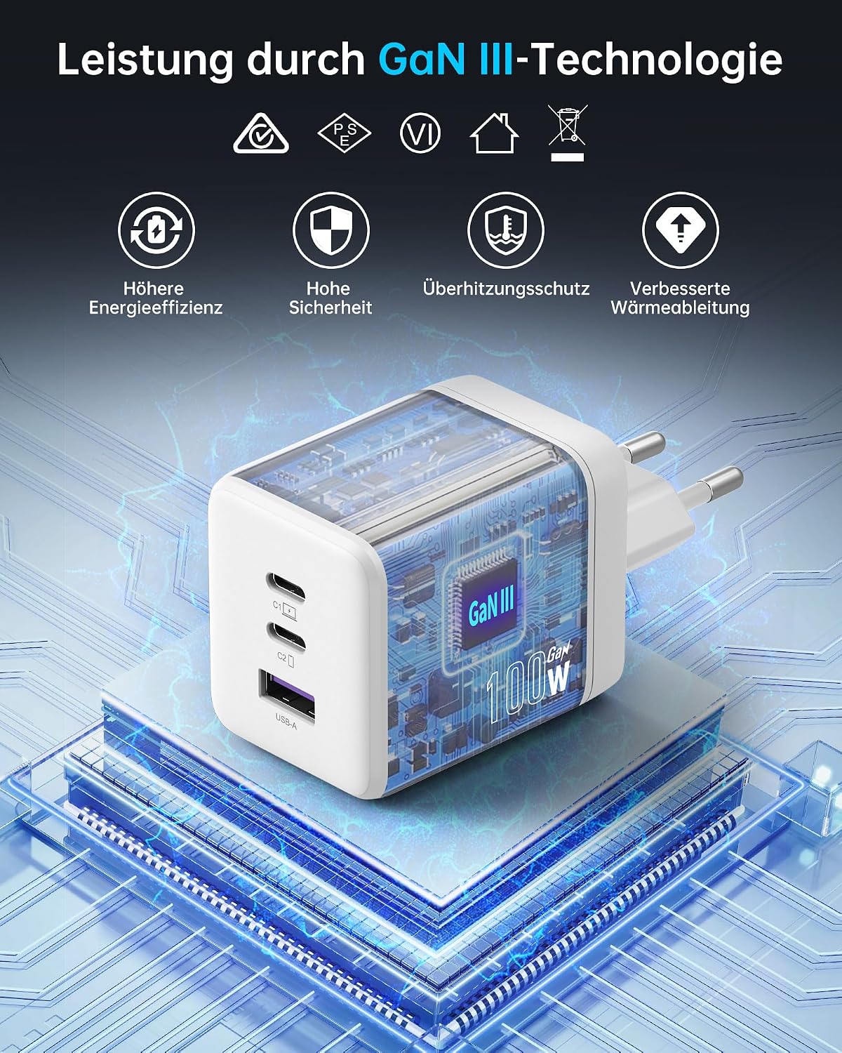 Thumbnail 5 de NOVOO GaN 100W: Caricatore USB-C a 3 porte con cavo incluso