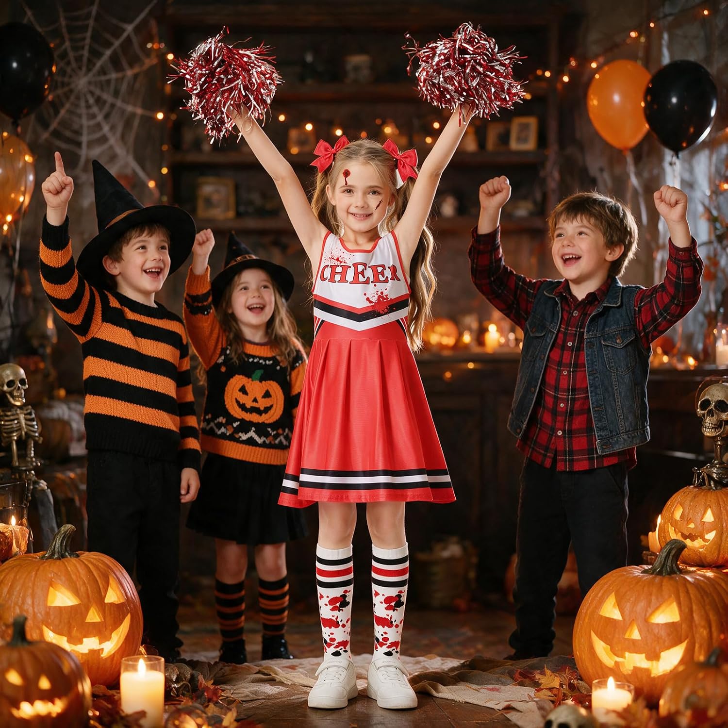 Thumbnail 5 de Mystery Code zombie-cheerleaderkostuum voor kinderen, rood, 7-9 jaar