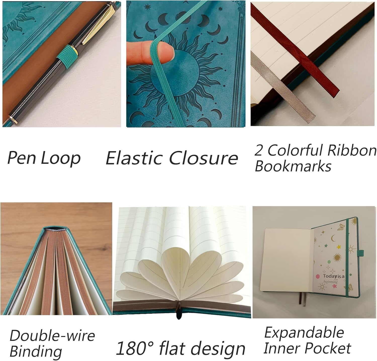 Detalle 1 de HwxBen B5 Leather Journal (Seagreen) – 360 Lined Pages, Lay-Flat, Ribbon Bookmarks & Pen Holder