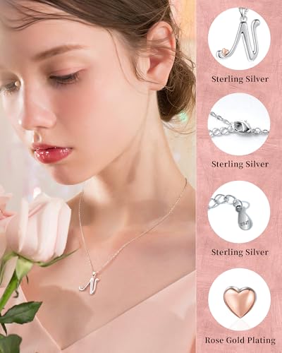 Thumbnail 2 de Mesovor collar personalizado de plata de ley 925 con inicial y corazón oro rosa (Letra-N) para mujer