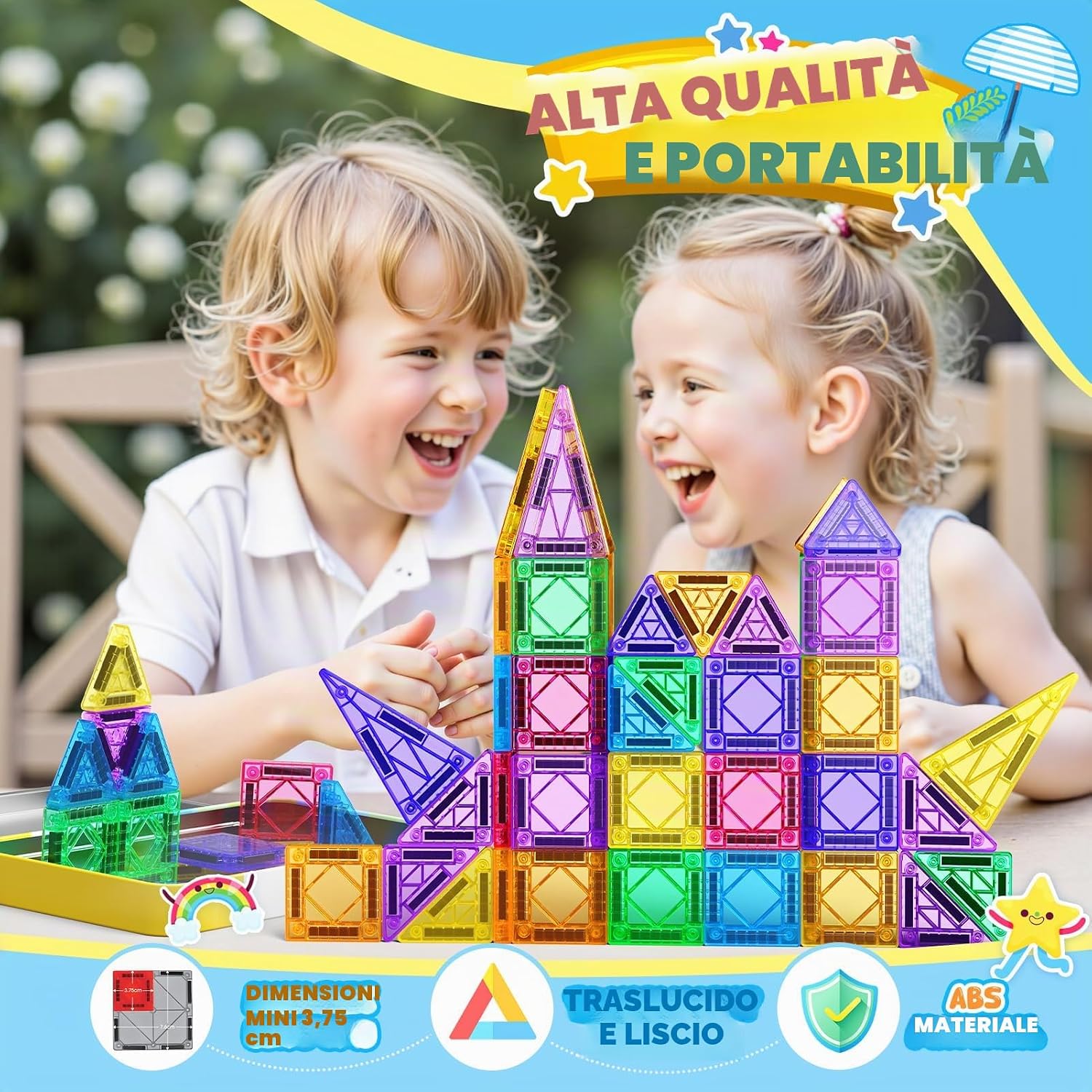 Detalle de iKidiki Regalo bambini: 43 pezzi magnetici per costruzioni 3–6 anni, scatola metallica per viaggio