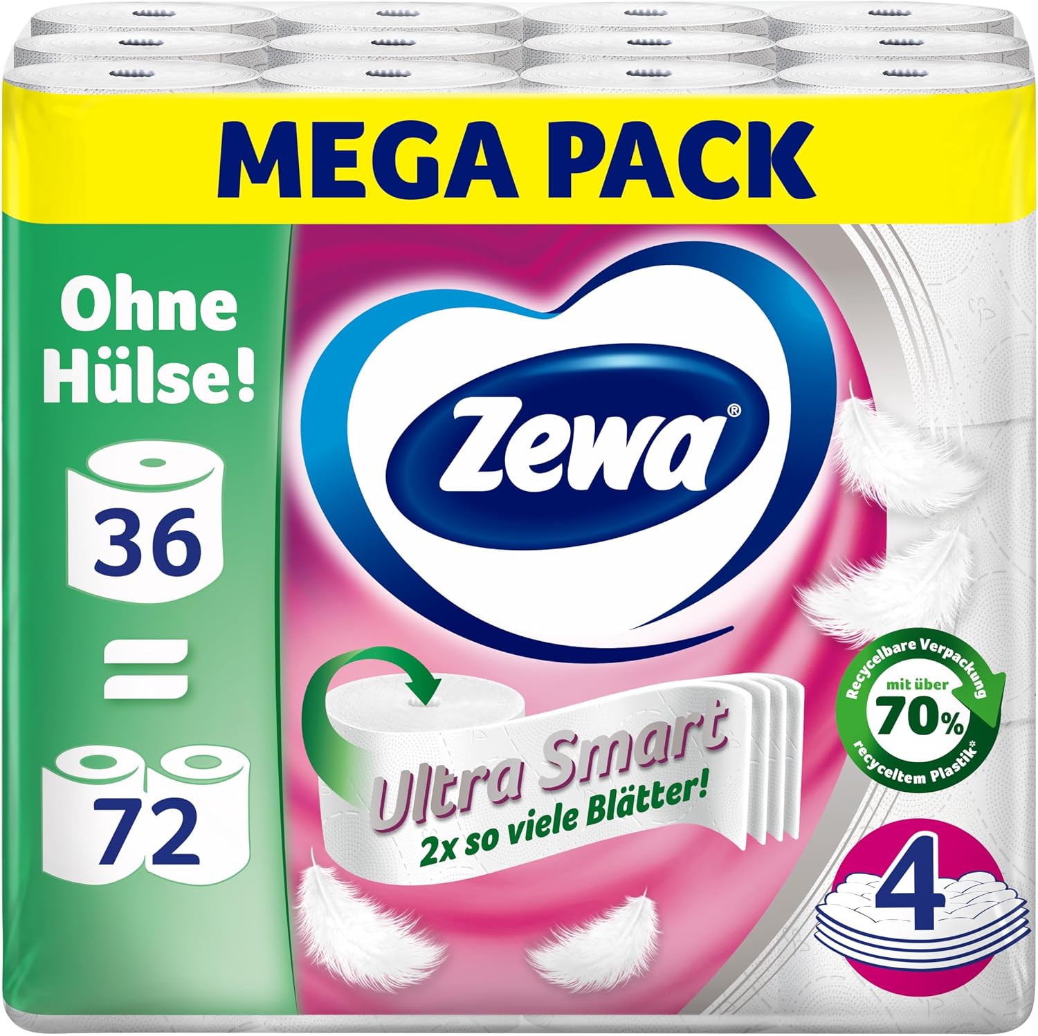 Detalle de Zewa Ultra Smart Großpackung Toilettenpapier – 36 Rollen, 4-lagig, hülsenlos, hell