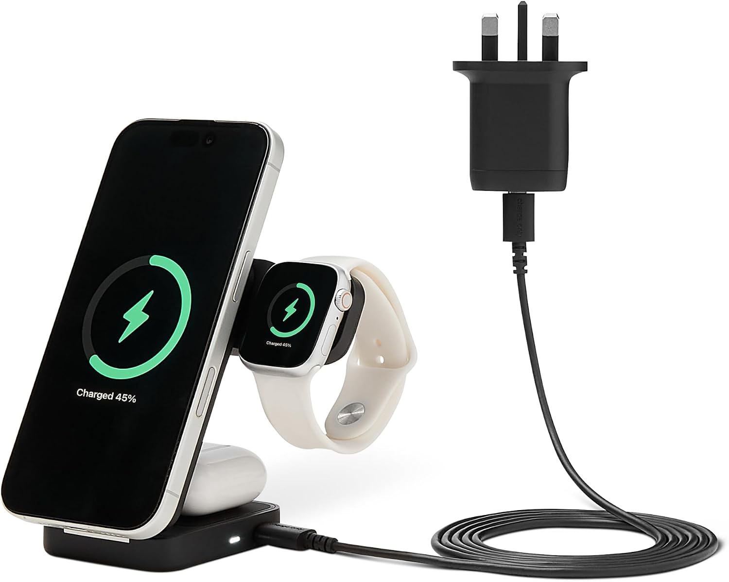 Detalle de Amazon Basics 25W Qi2.2 3-in-1 Wireless Charging Station with Foldable Stand (MagSafe Compatible) for iPhone, Apple Watch and AirPods