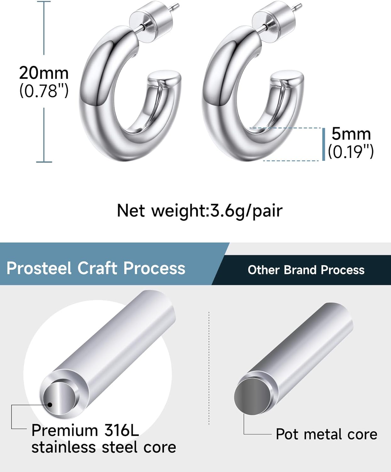Thumbnail 5 de PROSTEEL Boucles d’oreilles femme demi-créoles anneaux ouverts en acier inoxydable (20/30/40/60/80 mm)