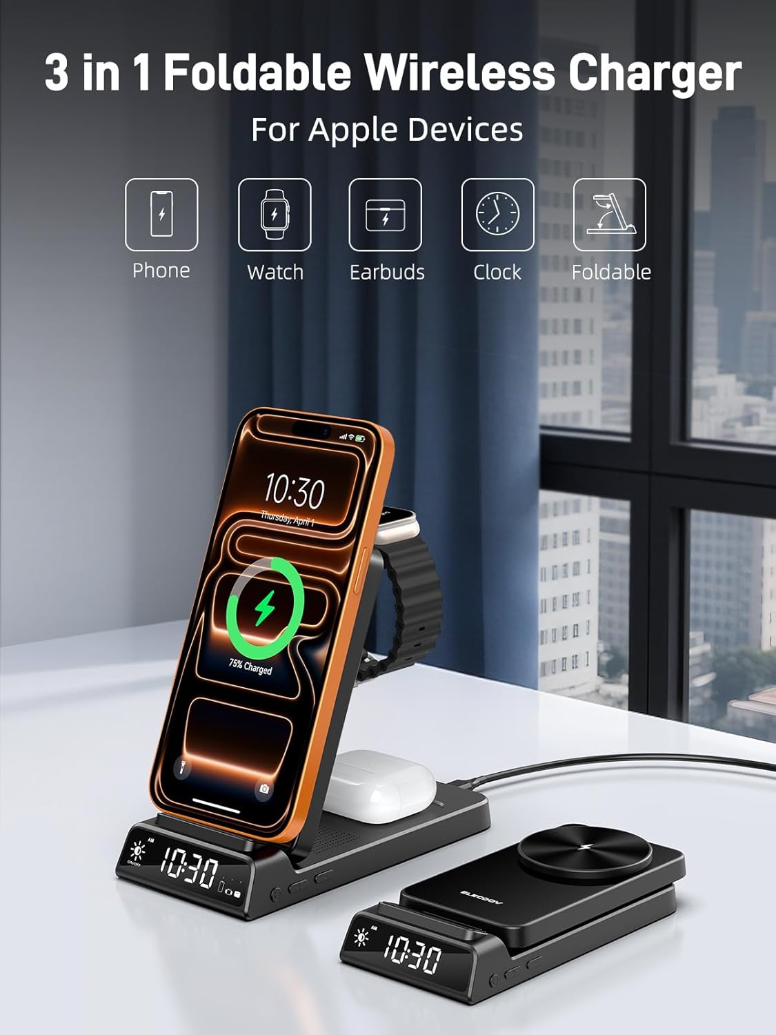 Thumbnail 2 de Station de charge magnétique 3 en 1 Snap Charge Go avec horloge pour iPhone, Apple Watch 10 et AirPods (noir)