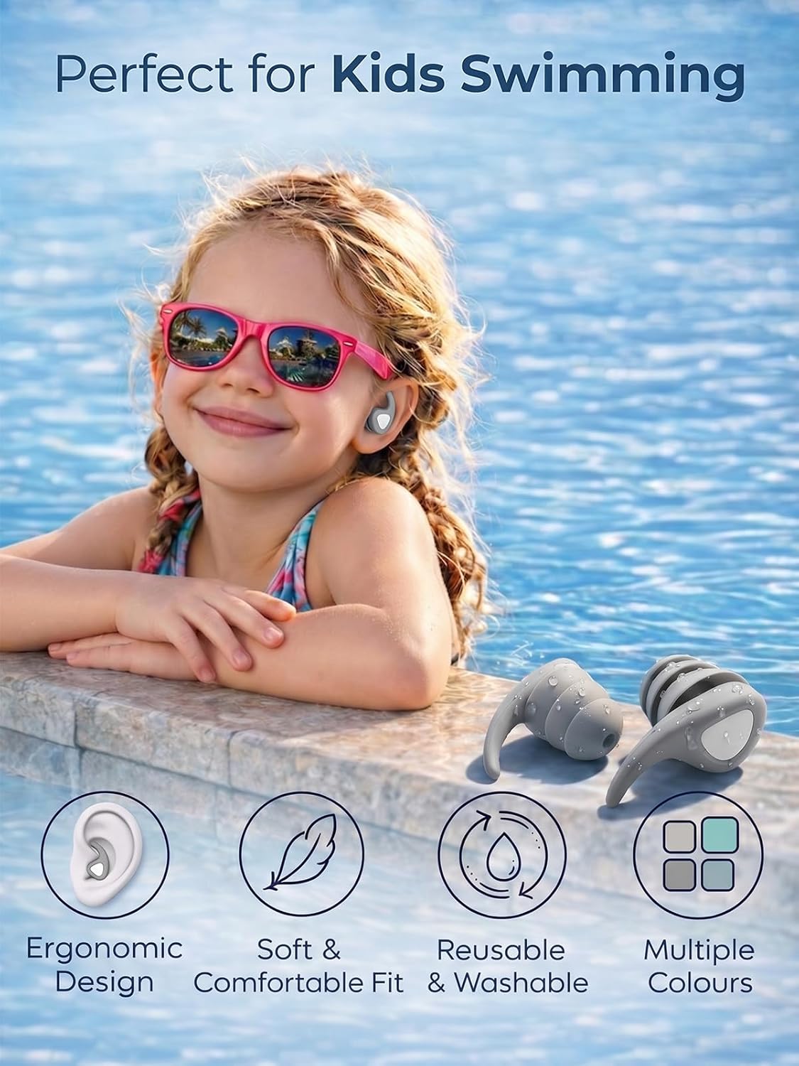 Detalle de Kids Swimming Ear Plugs: 3 Pairs of Reusable Silicone Ears Guards for Ages 3–10