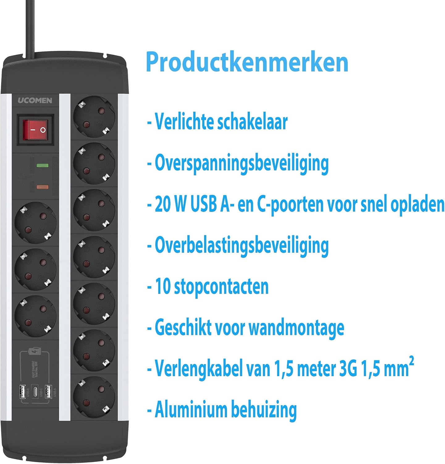 Thumbnail 2 de UCOMEN 10-voudig stopcontact met USB, 1,5 m kabel en overspanningsbeveiliging
