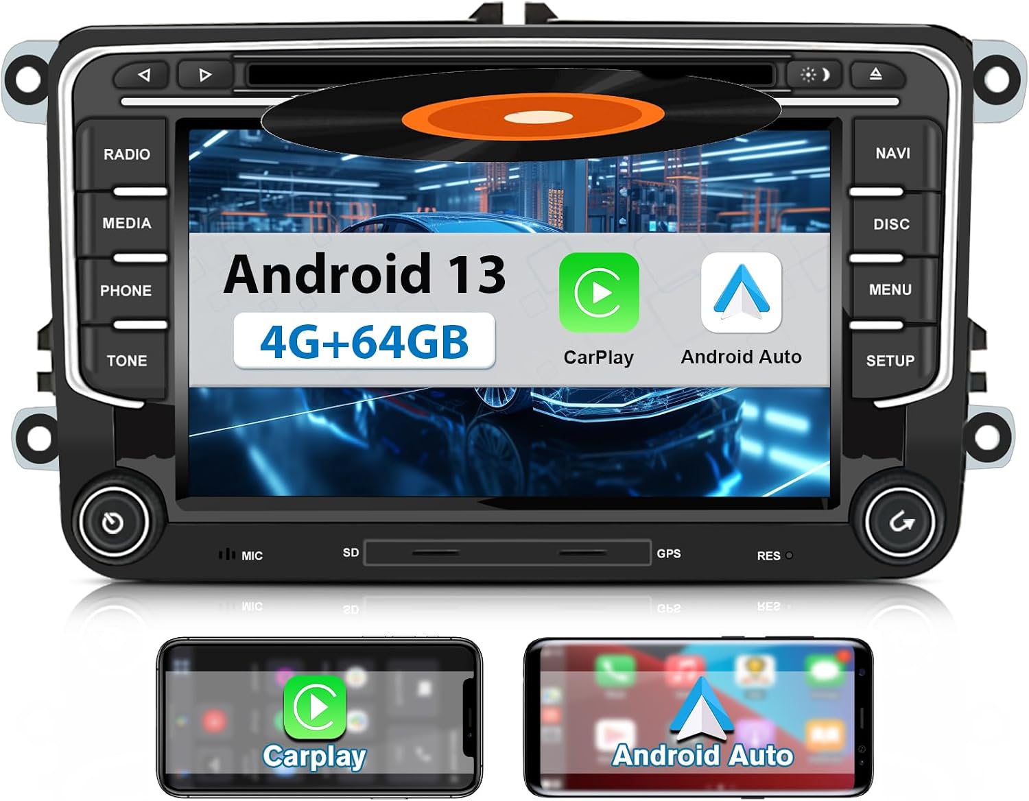 Detalle de Hexinex autoradio 2 DIN Android 7" 4G con CarPlay/Android Auto, 4+64GB e GPS per VW Golf 5/6, Polo, Passat e altri