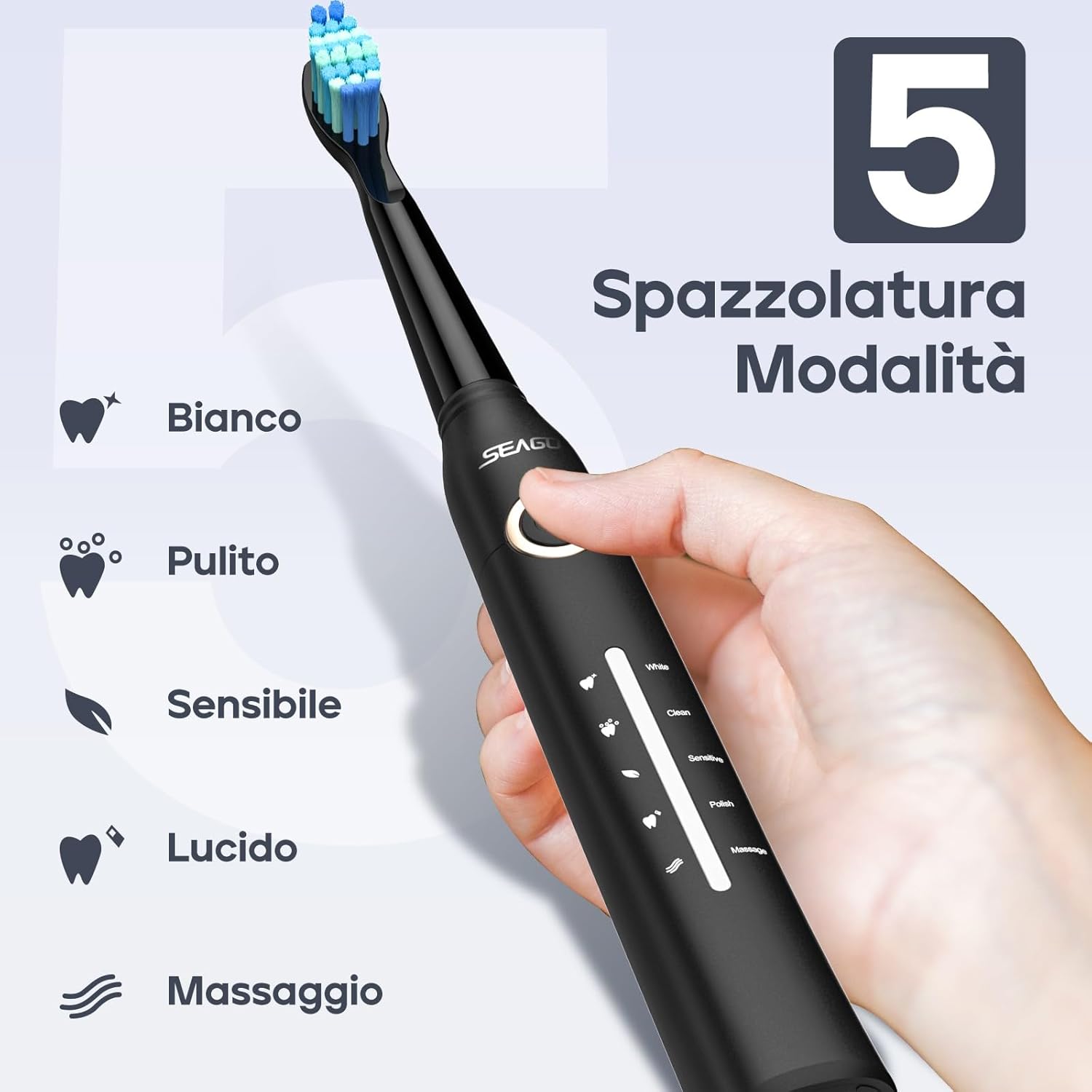 Thumbnail 3 de Seago spazzolino elettrico da viaggio SG-958 (nero) ricaricabile con 8 testine e 5 modalità
