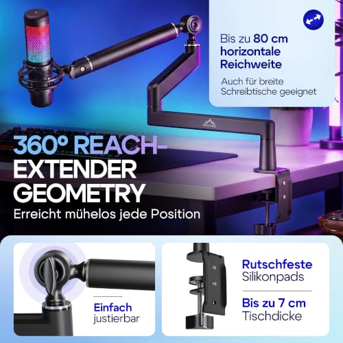 Detalle 2 de MNTPRO Mikrofonarm Schreibtisch Low Profile – 80 cm Reichweite, Absinksicher, 2 kg Tragkraft