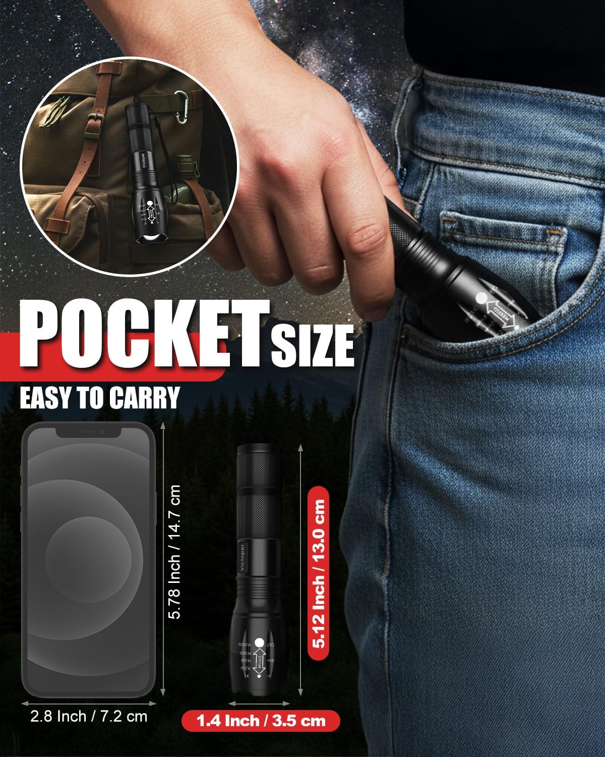 Detalle de Victoper LED Flashlight 2 Pack: Bright, Tactical, and Versatile for Outdoors