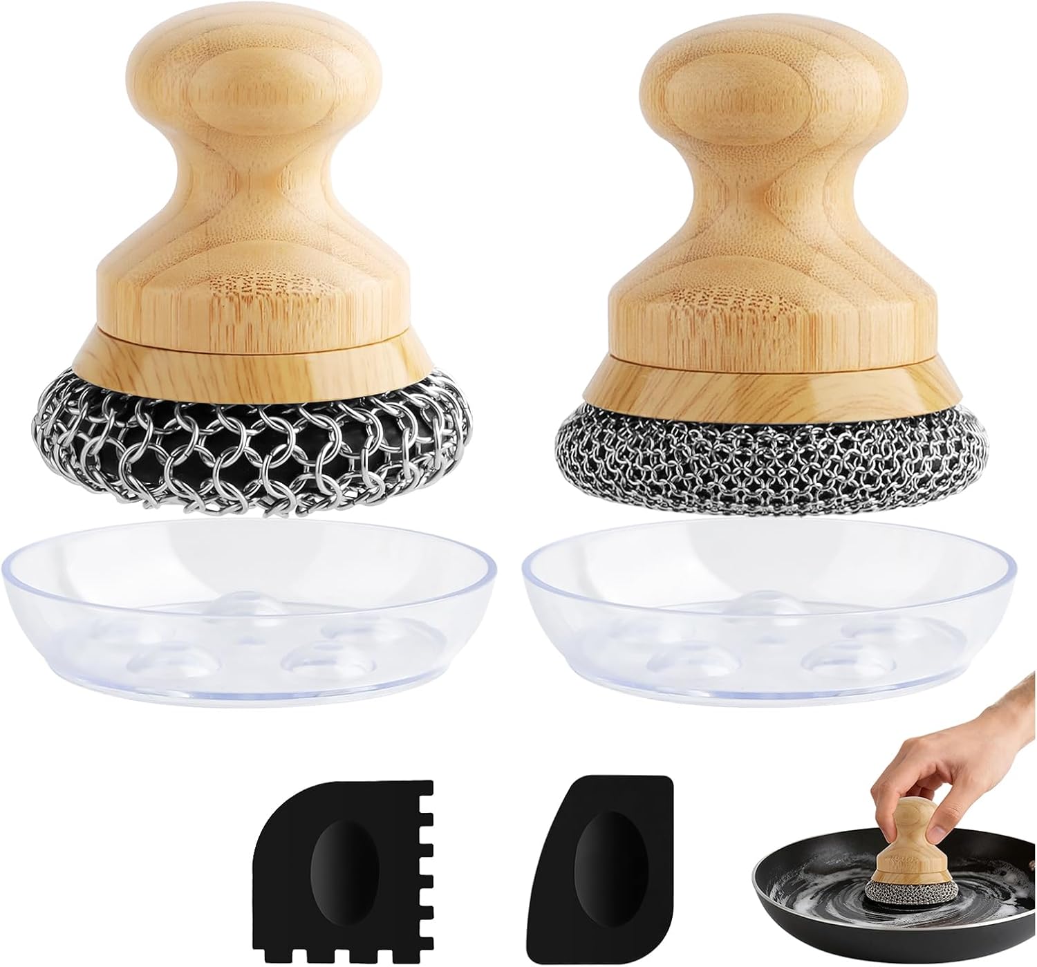 Cast Iron Pan Scrubber with 2 Scrapers